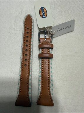 Fossil Brown Leather Watch Strap with Light Blue Pattern